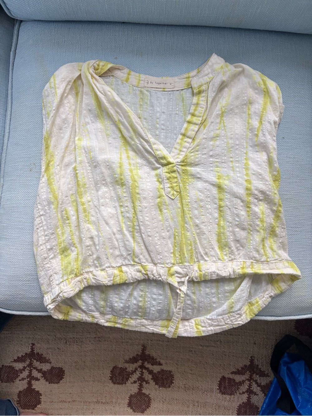 By Together White & Yellow Ikat V-Neck Tie-Waist Blouse